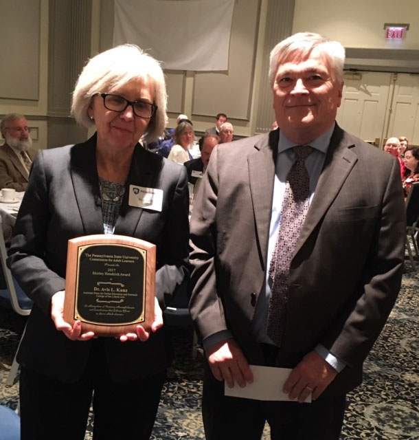 2017 Shirley Hendrick Award recipient Avis Kunz with Penn State President Eric Barron